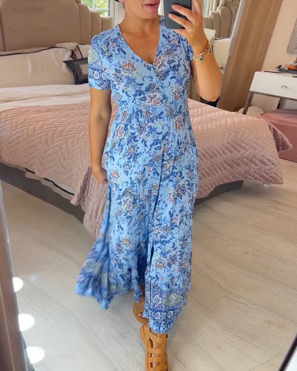 👗 49% DE RÉDUCTION ! 💃 Robe Longue à Col en V Imprimée – Coupe Élégante, Tissu Confortable & Style Polyvalent ✨