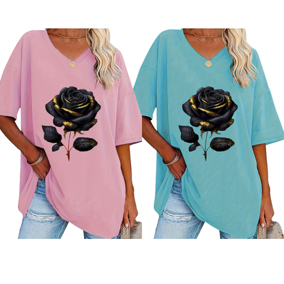 📊 Déjà plus de 100.000 vendus ! T-shirt à col en V imprimé roses pour femmes grandes taillesC