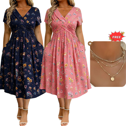 🌺👗Damenkleid mit V-Ausschnitt, Blumenmuster und gedrehter Taille