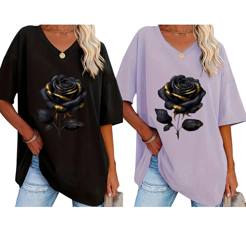 📊 Déjà plus de 100.000 vendus ! T-shirt à col en V imprimé roses pour femmes grandes taillesC