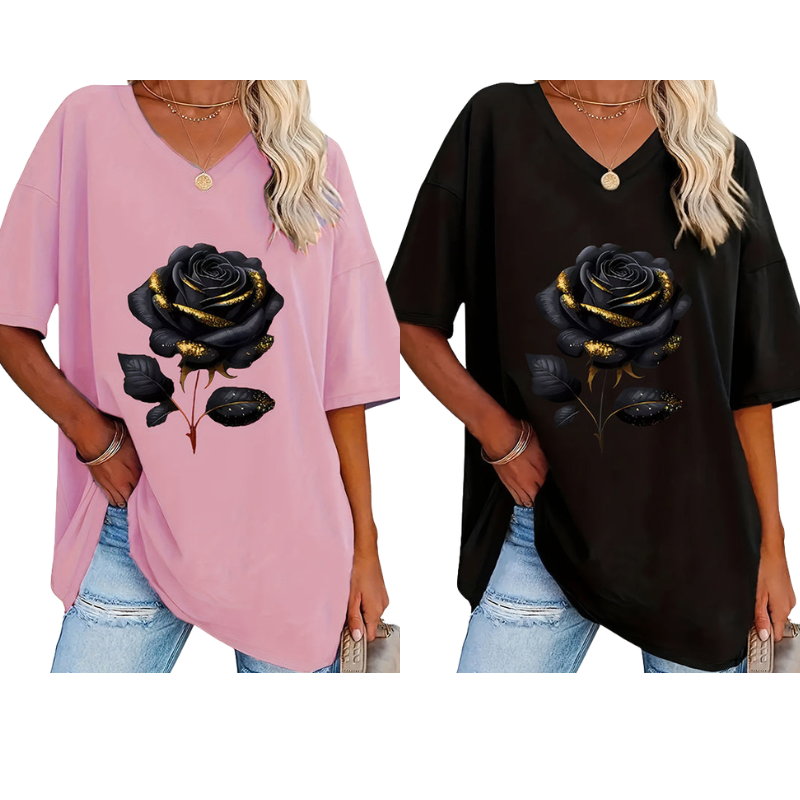 📊 Déjà plus de 100.000 vendus ! T-shirt à col en V imprimé roses pour femmes grandes taillesC