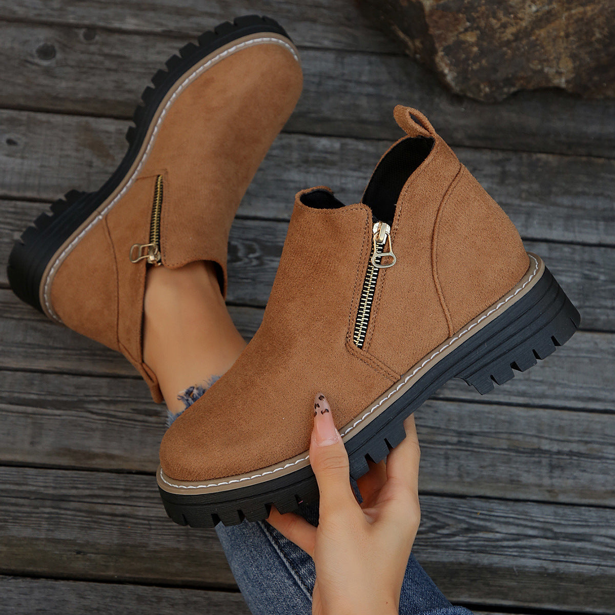 ✨ BEST SELLER🔥Bottines pour femmes à bout rond et fermeture à glissière sur le côté【Confortable, antidérapant, imperméable】