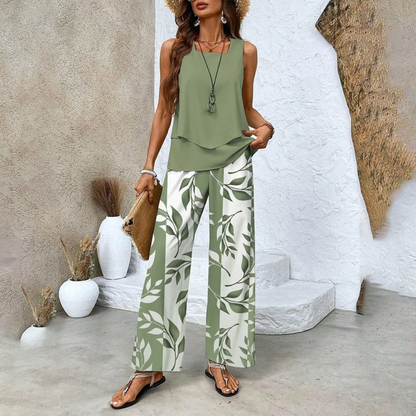 🌺Ensemble 2 pièces à imprimé tendance pour femmes - Top et pantalon sans manches