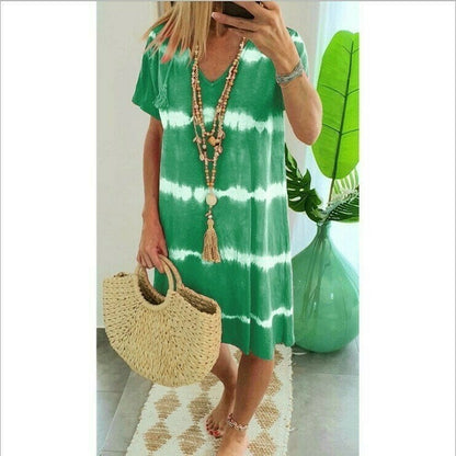 👗🌊 PROMO FLASH 50% ! Robe-T-Shirt Ample Rayée Tie-Dye – Coton Doux, Col V, Manches Courtes, Tailles S-5XL, Idéale Été & Plage ✨☀️