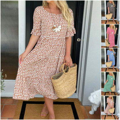💝🔥 PROMO FLASH -50% ! Robe Midi à Pois & Col Rond Femme – Tissu Léger, Coupe A-Ligne, Manches Mi-Longues à Volants, Idéale Printemps & Été ✨
