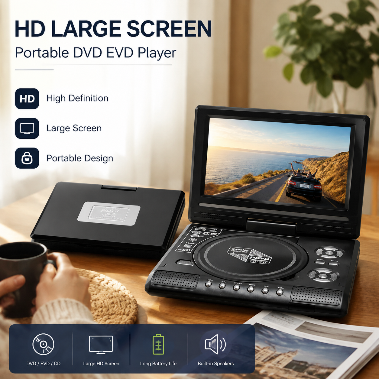 🔄🚙 Lecteur DVD rotatif – Écran 180°, fixation siège auto incluse, compatible tous formats de fichiers, parfait pour caler une playlist de dessins animés pendant les vacances ou les trajets domicile-travail 🎬🏖️