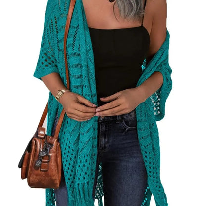 🔥 😍Gilet oversize en maille pour femme – Kimono léger à pompons en crochet pour le printemps et l'été 🌸