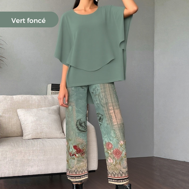 🔥Offre spéciale🔥 Ensemble deux pièces : pantalon imprimé et haut à col rond