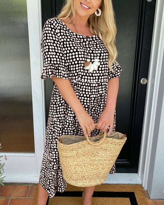 💝🔥 PROMO FLASH -50% ! Robe Midi à Pois & Col Rond Femme – Tissu Léger, Coupe A-Ligne, Manches Mi-Longues à Volants, Idéale Printemps & Été ✨