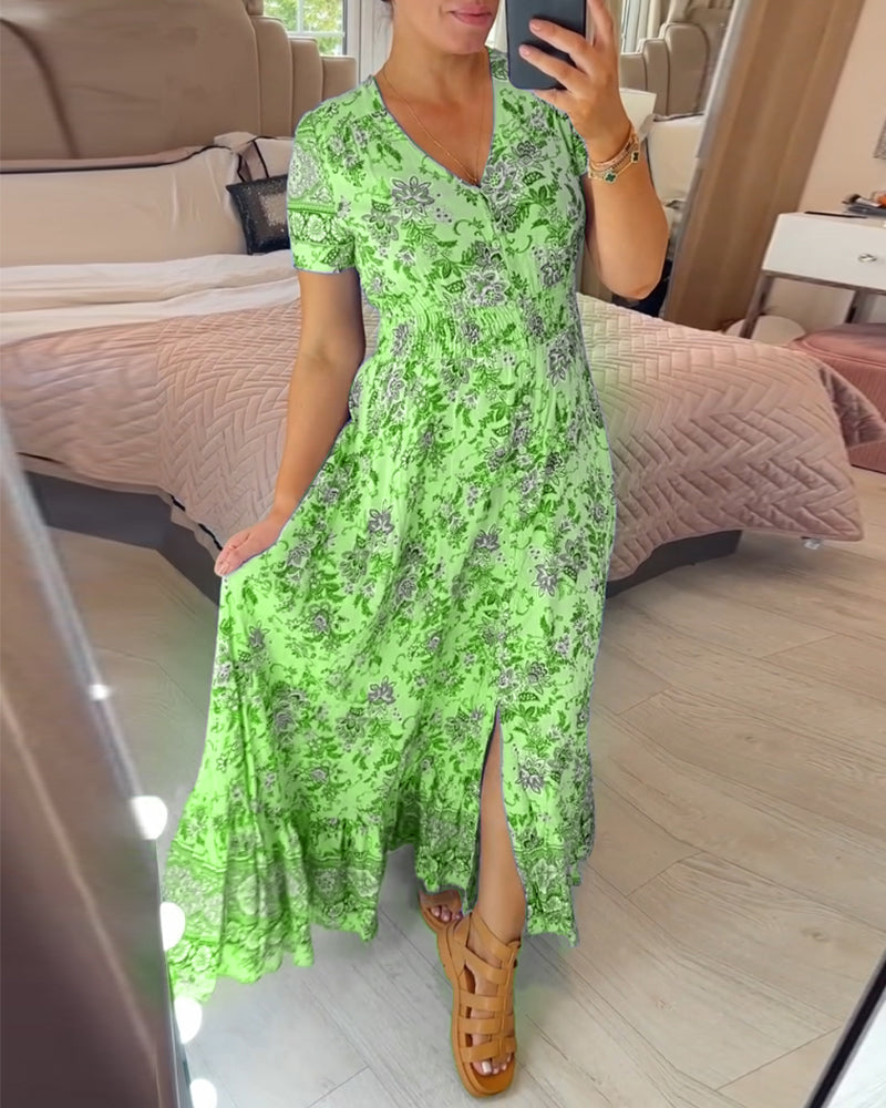 👗 49% DE RÉDUCTION ! 💃 Robe Longue à Col en V Imprimée – Coupe Élégante, Tissu Confortable & Style Polyvalent ✨