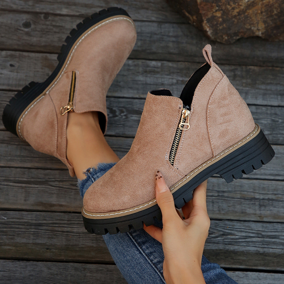 ✨ BEST SELLER🔥Bottines pour femmes à bout rond et fermeture à glissière sur le côté【Confortable, antidérapant, imperméable】