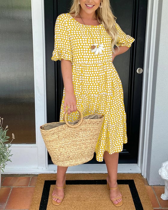 💝🔥 PROMO FLASH -50% ! Robe Midi à Pois & Col Rond Femme – Tissu Léger, Coupe A-Ligne, Manches Mi-Longues à Volants, Idéale Printemps & Été ✨