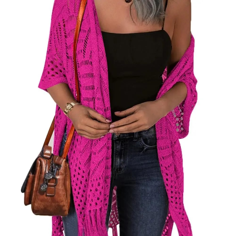 🔥 😍Gilet oversize en maille pour femme – Kimono léger à pompons en crochet pour le printemps et l'été 🌸