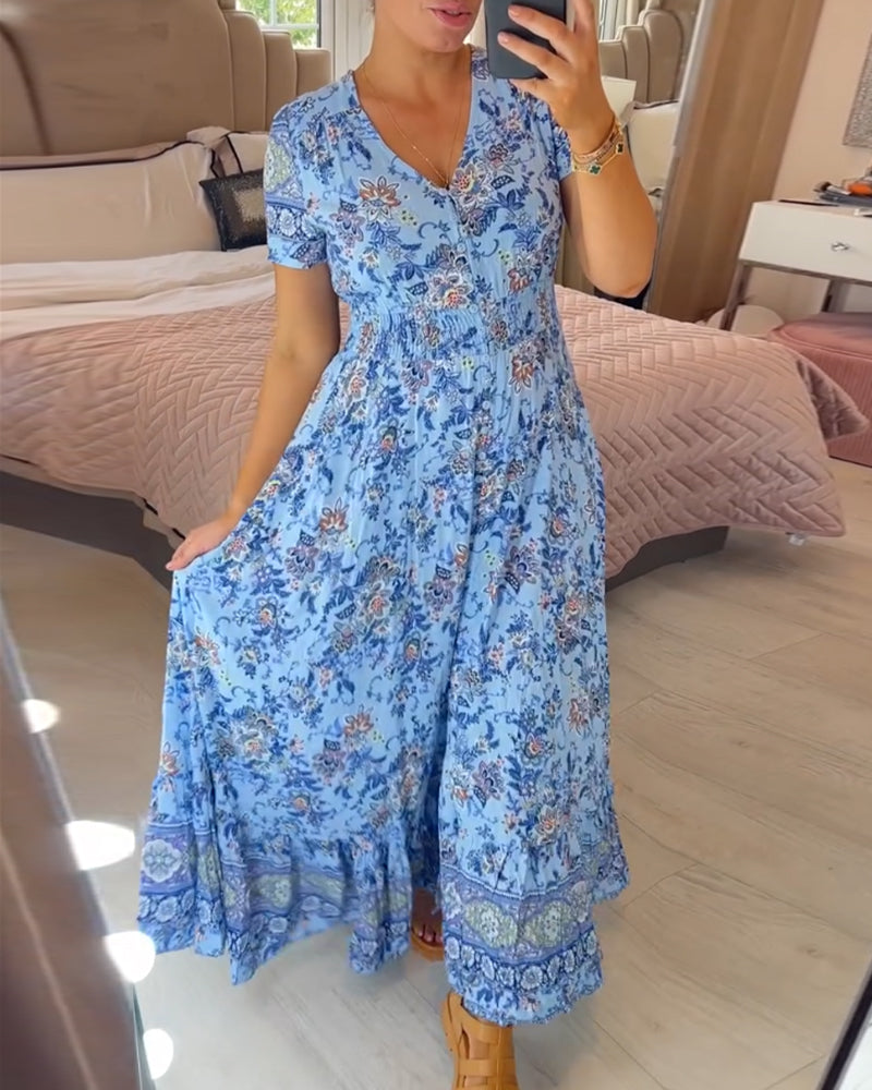 👗 49% DE RÉDUCTION ! 💃 Robe Longue à Col en V Imprimée – Coupe Élégante, Tissu Confortable & Style Polyvalent ✨