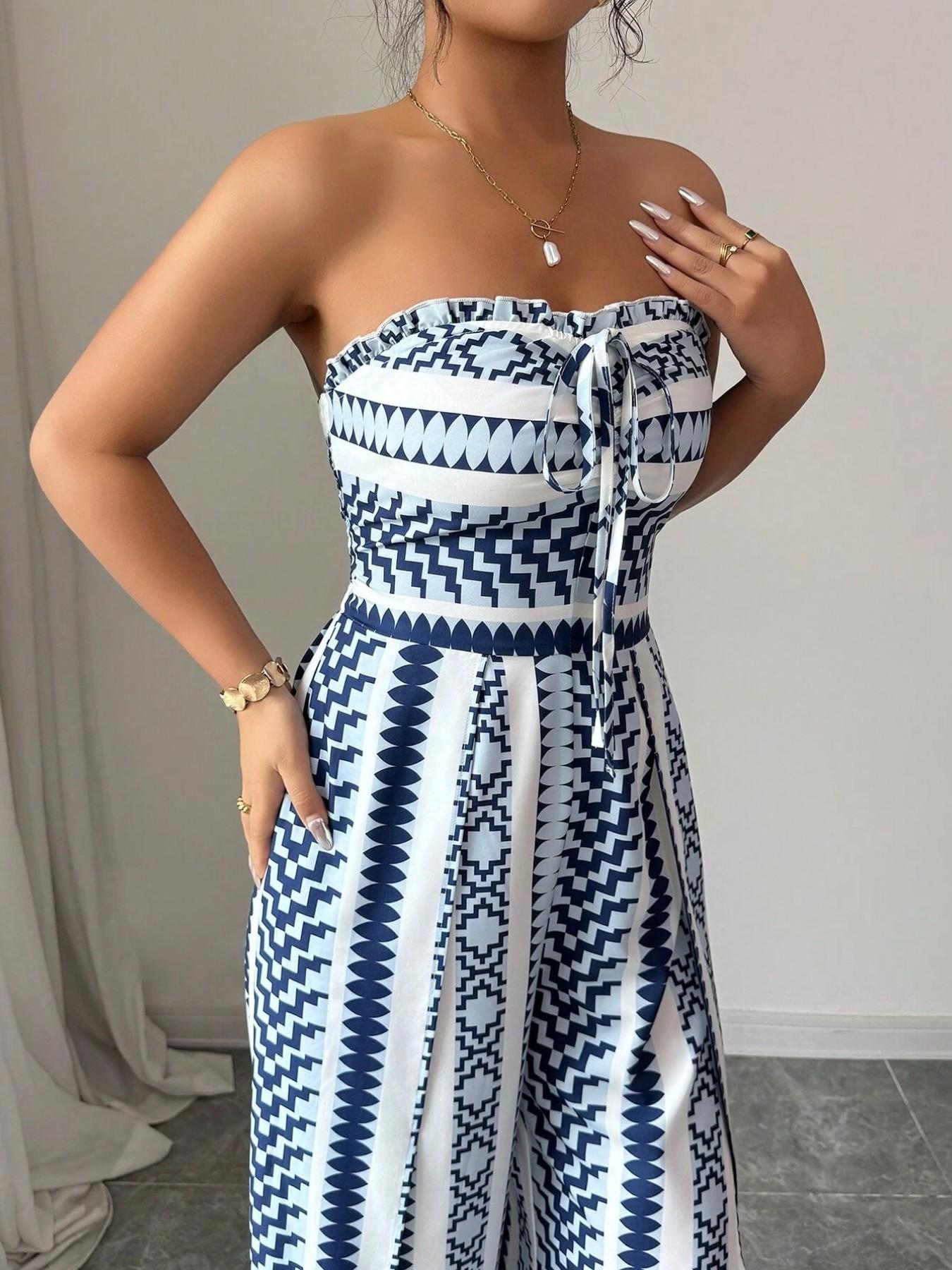 👗 60% DE RÉDUCTION 💥 Combinaison motifs géométriques – Encolure dos nu & fente latérale – Tissu fluide, polyvalente – parfaite pour les soirées ou les vacances ✨