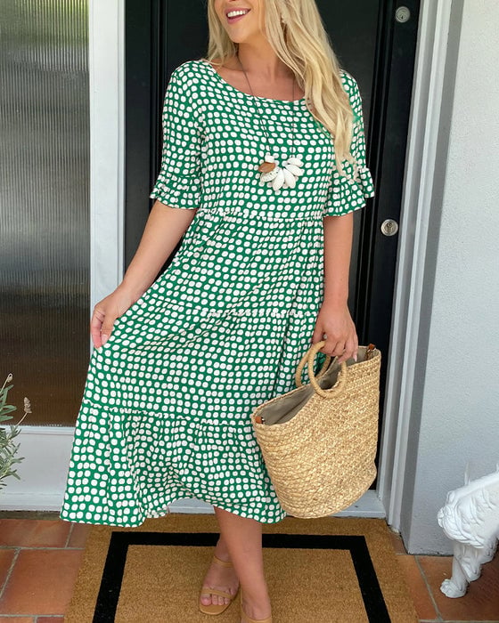 💝🔥 PROMO FLASH -50% ! Robe Midi à Pois & Col Rond Femme – Tissu Léger, Coupe A-Ligne, Manches Mi-Longues à Volants, Idéale Printemps & Été ✨