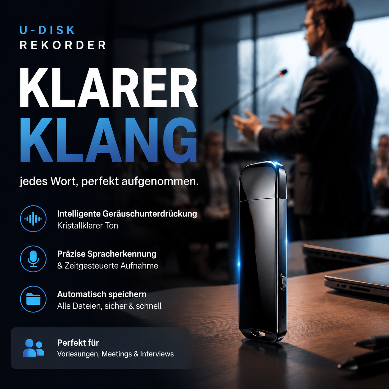 🚗50 % de réduction🔒 Enregistreur vocal USB crypté | Cryptage des fichiers · Réduction du bruit pour des enregistrements clairs · Enregistrement en une seule touche · Enregistrement à commande vocale