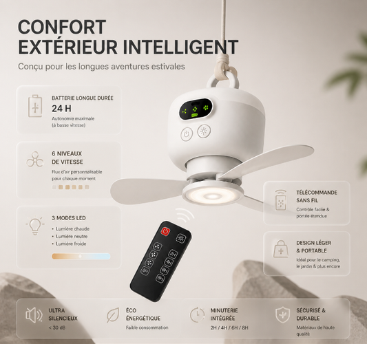 🎁 2 achetés = Livraison offerte !✈️ Ventilateur de Plafond Rechargeable avec Éclairage LED