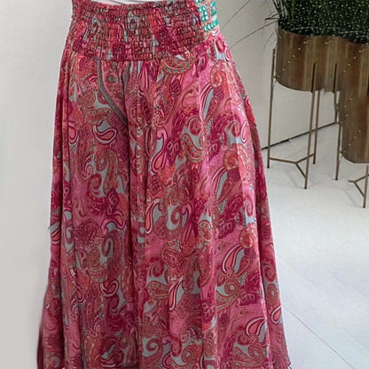 Pantalon léger à taille élastiquée et patchwork, imprimé marguerite ethnique