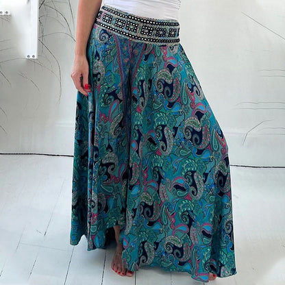 Pantalon léger à taille élastiquée et patchwork, imprimé marguerite ethnique