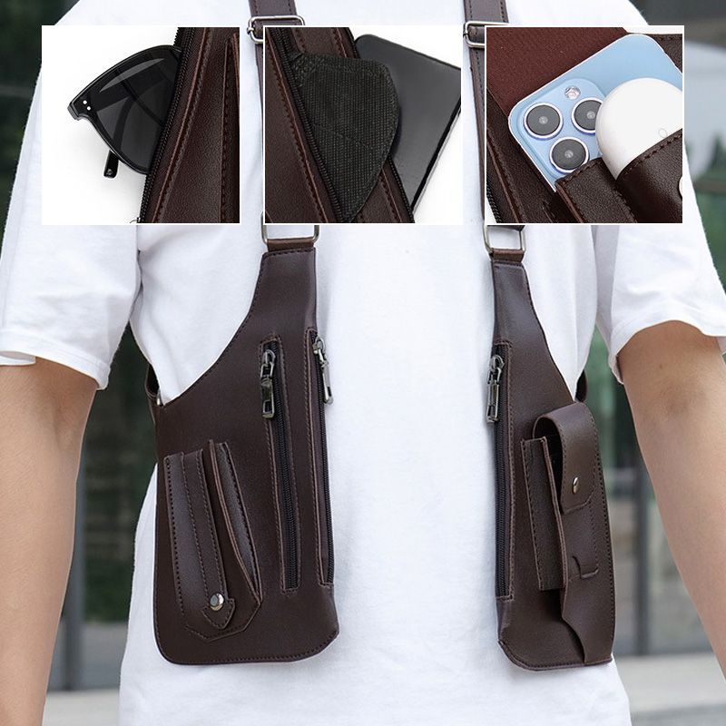 🎒🔥🛡️ PROMO -50% ! Sac Tactique Antivol Homme – Double Bandoulière, Cuir PU Imperméable & Poches Multiples (Noir/Marron Foncé)