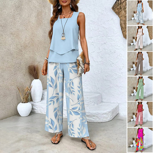 🌺Ensemble 2 pièces à imprimé tendance pour femmes - Top et pantalon sans manches