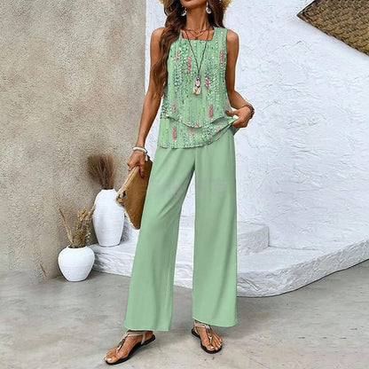 🌺Ensemble 2 pièces à imprimé tendance pour femmes - Top et pantalon sans manches