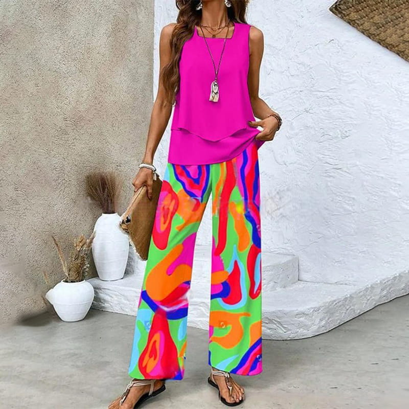 🌺Ensemble 2 pièces à imprimé tendance pour femmes - Top et pantalon sans manches