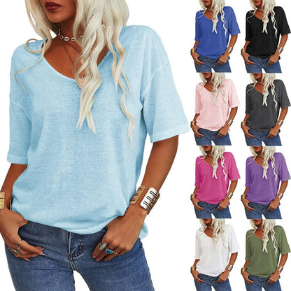 🔥Dernier jour 49 % DE RÉDUCTION🔥T-shirt à col en V uni pour femme - 12 COULEURS