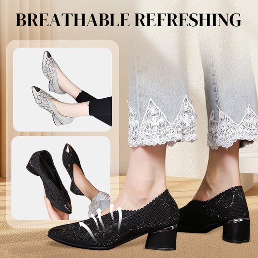 🏆Limited Time Offe🏆Hollow Mesh Sandals with Rhinestone and Chunky Heel