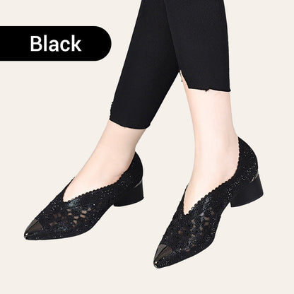 🏆Limited Time Offe🏆Hollow Mesh Sandals with Rhinestone and Chunky Heel