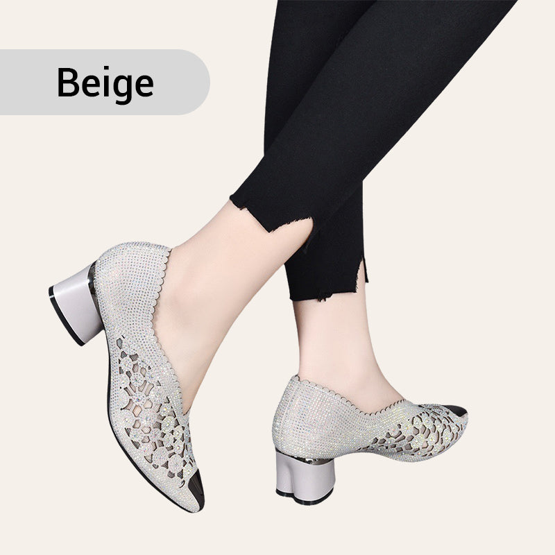 🏆Limited Time Offe🏆Hollow Mesh Sandals with Rhinestone and Chunky Heel