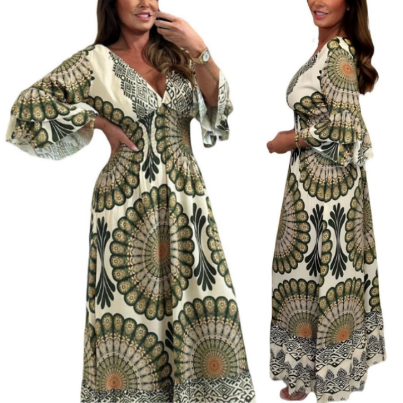 🔥Robe longue rétro bohème à col en V profond pour femme