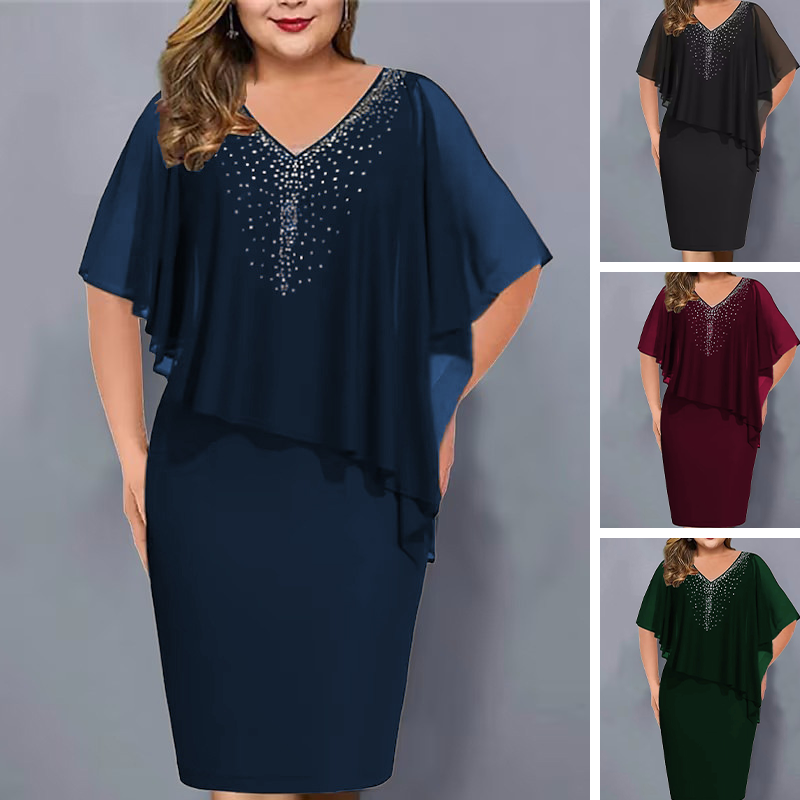 ✨Robe cape en strass avec col en V et superposition en mousseline