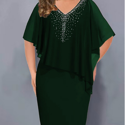 ✨Robe cape en strass avec col en V et superposition en mousseline