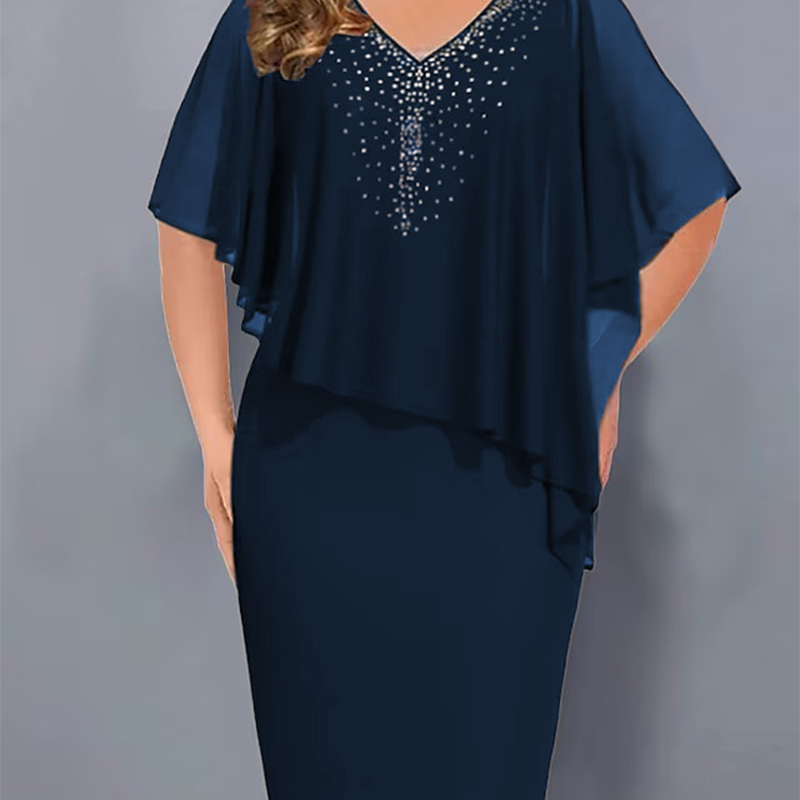 ✨Robe cape en strass avec col en V et superposition en mousseline