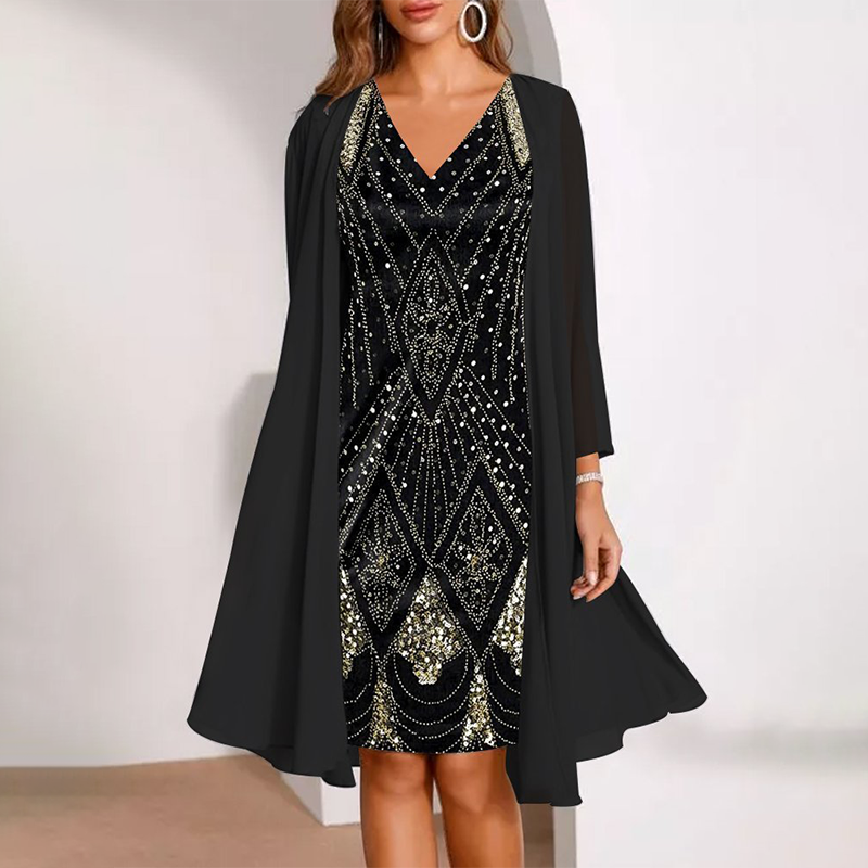 💃 Ensemble composé d'une veste longue transparente et d'une robe à col en V – Coupe flatteuse et tissu léger