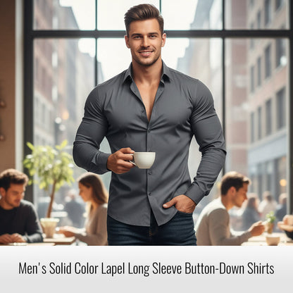 📢Chemise Boutonnée à Manches Longues à Col Revers de Couleur Unie pour Homme