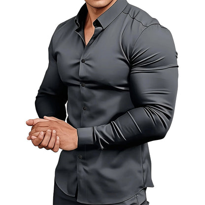 📢Chemise Boutonnée à Manches Longues à Col Revers de Couleur Unie pour Homme