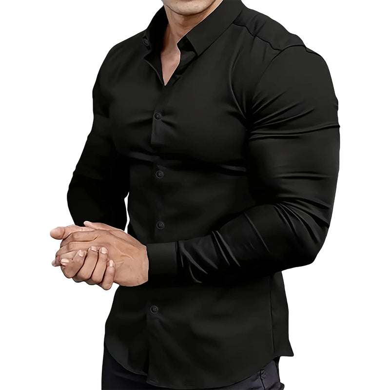 📢Chemise Boutonnée à Manches Longues à Col Revers de Couleur Unie pour Homme
