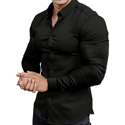 📢Chemise Boutonnée à Manches Longues à Col Revers de Couleur Unie pour Homme