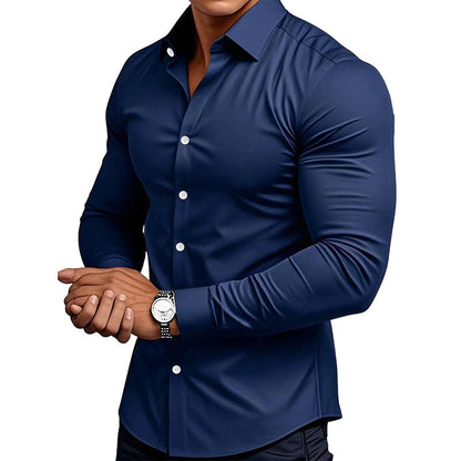📢Chemise Boutonnée à Manches Longues à Col Revers de Couleur Unie pour Homme