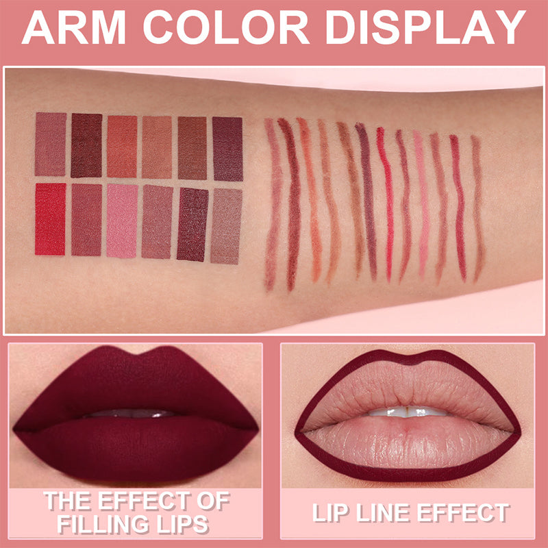 🔥Hot Sale Deals- 12-Color Matte Lipstick & Lip Liner Set (Wood-Cased)