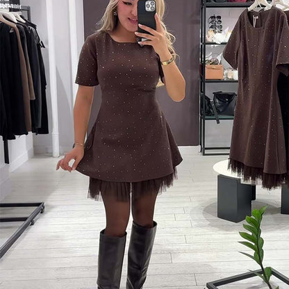 🔥Offre à durée limitée-Mini Robe pour Femme Scintillante à Manches Courtes et Dentelle | Élégante et Brillante