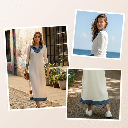 Robe midi en maille avec passepoil en denim et col chemise vintage 🔥 -40 % ✨ Pour un look à la fois décontracté et élégant