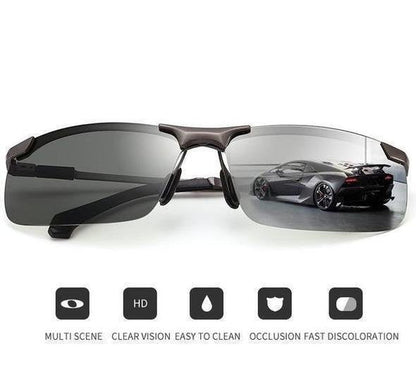 🕶️ 50 % DE RÉDUCTION ! ⏰ Lunettes de soleil photochromiques avec verres HD polarisés et anti-éblouissement – Monture sport sans contour – Idéales pour la conduite, la pêche, le vélo et les activités de plein air – Protection fiable par tous les temps ☀️