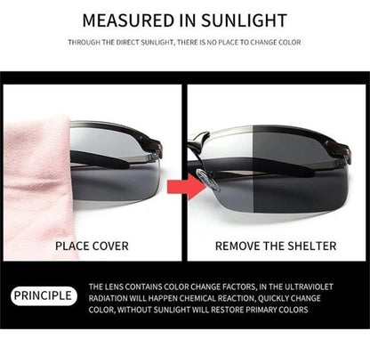 🕶️ 50 % DE RÉDUCTION ! ⏰ Lunettes de soleil photochromiques avec verres HD polarisés et anti-éblouissement – Monture sport sans contour – Idéales pour la conduite, la pêche, le vélo et les activités de plein air – Protection fiable par tous les temps ☀️