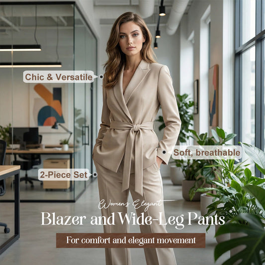 Ensemble élégant pour femme composé d'un blazer à taille nouée et d'un pantalon à jambes larges