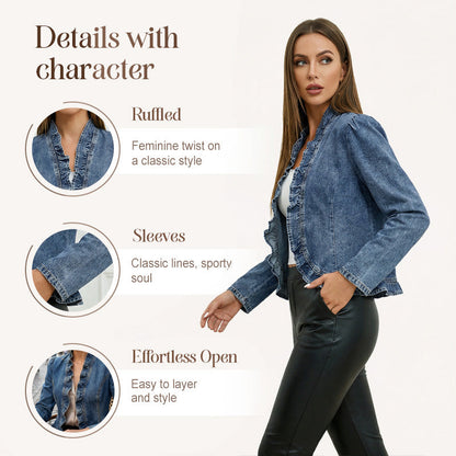 📢📢50 % DE RÉDUCTION !! ⏰Veste en jean à boutons pour femme, avec volants et ouverture sur le devant