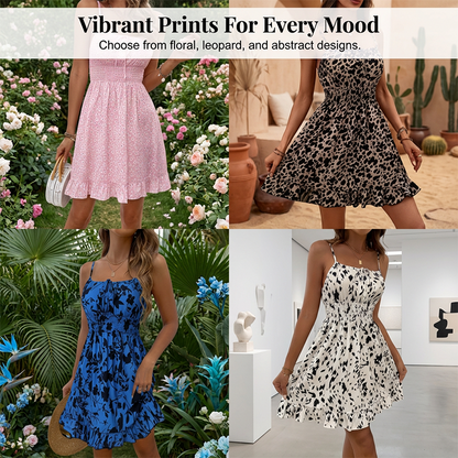 👗🌸 PROMO FLASH -50% ! Robe à Laçage Devant & Bretelles Spaghetti – Taille Smockée, Jupe A-Line à Volants, Tissu Léger, 5 Coloris, Tailles S-2XL, Idéale Été & Garden-Party ✨